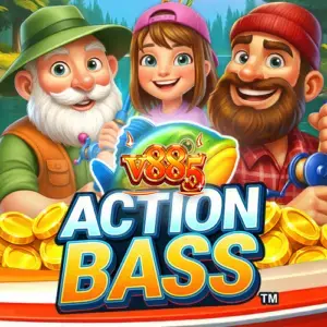 Interface do slot Action Bass com pescadores e símbolos de peixes
