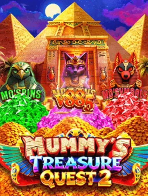 Cena de jogo do slot Mummy’s Treasure Quest 2 com pirâmides ao fundo